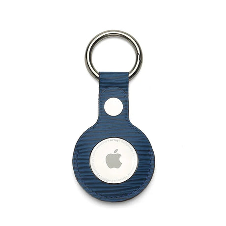 Blue textured leather AirTag keychain with metal ring, sleek Apple tracker accessory
