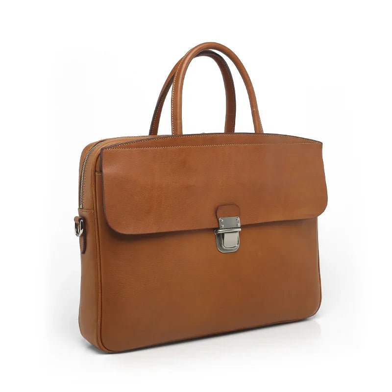 Brown Italian Veg-Tanned Leather Briefcase on a white background