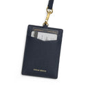 navy cardholder with gold accent and 'Hiram Beron' branding on a white background