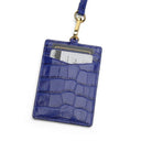 Blue crocodile pattern ID holder with a lanyard on a white background