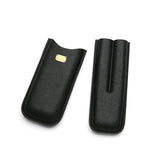 Black textured leather cigar case with gold plaque, open to show interior slots