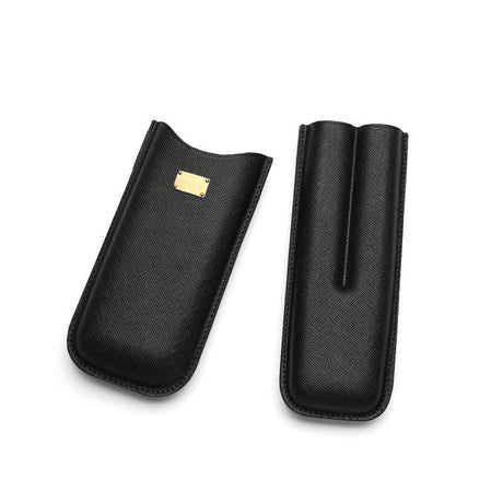 Black textured leather cigar case with gold plaque, open to show interior slots