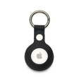 Black saffiano leather airtag holder keychain on a white background