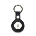 Black saffiano leather airtag holder keychain on a white background