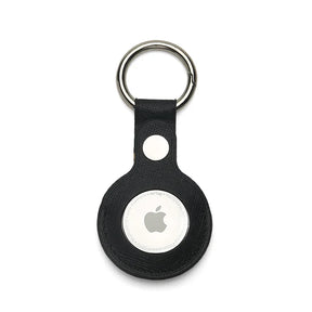 Black saffiano leather airtag holder keychain on a white background