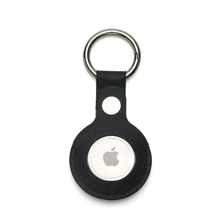 Black saffiano leather airtag holder keychain on a white background