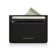 Black leather wallet with card slots and currency pocket on a white background, featuring the brand 'Hiram Beron'.