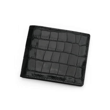 glossy black crocodile-patterned wallet on a white background