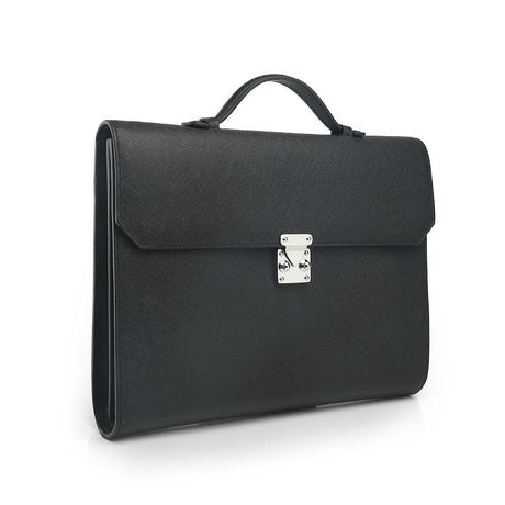 Black Saffiano Leather Folio briefcase with a silver clasp on a white background