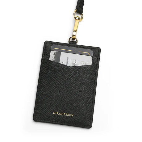 Black cardholder with a lanyard featuring 'Hiram Beron' branding on a white background.