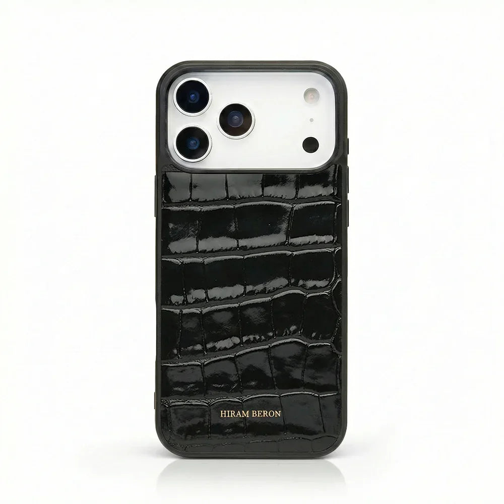 Black crocodile texture leather iPhone case with Hiram Beron branding, luxury phone accessory