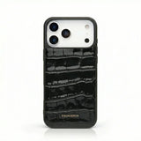 Black crocodile texture leather iPhone case with Hiram Beron branding, luxury phone accessory