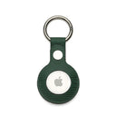 Green textured leather AirTag keychain with metal ring, sleek Apple tracker accessory