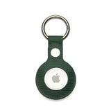 Green textured leather AirTag keychain with metal ring, sleek Apple tracker accessory