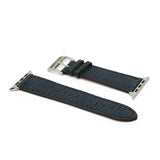 Blue watch strap with silver buckle on a white background