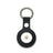 Black leather Apple AirTag keychain on a white background