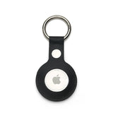 Black leather Apple AirTag keychain on a white background