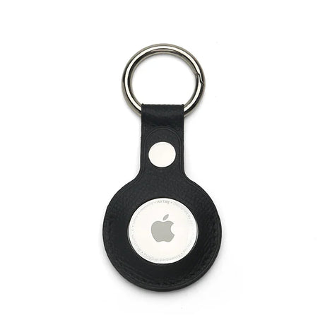 Black leather Apple AirTag keychain on a white background