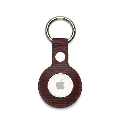 Luxury burgundy leather AirTag keychain with silver ring, premium accessory for Apple AirTag
