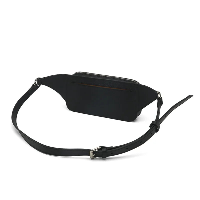 Black belt bag with a strap on a white background