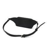 Black belt bag with a strap on a white background