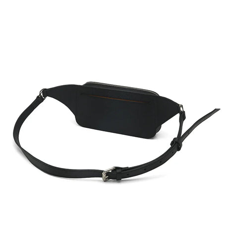Black belt bag with a strap on a white background