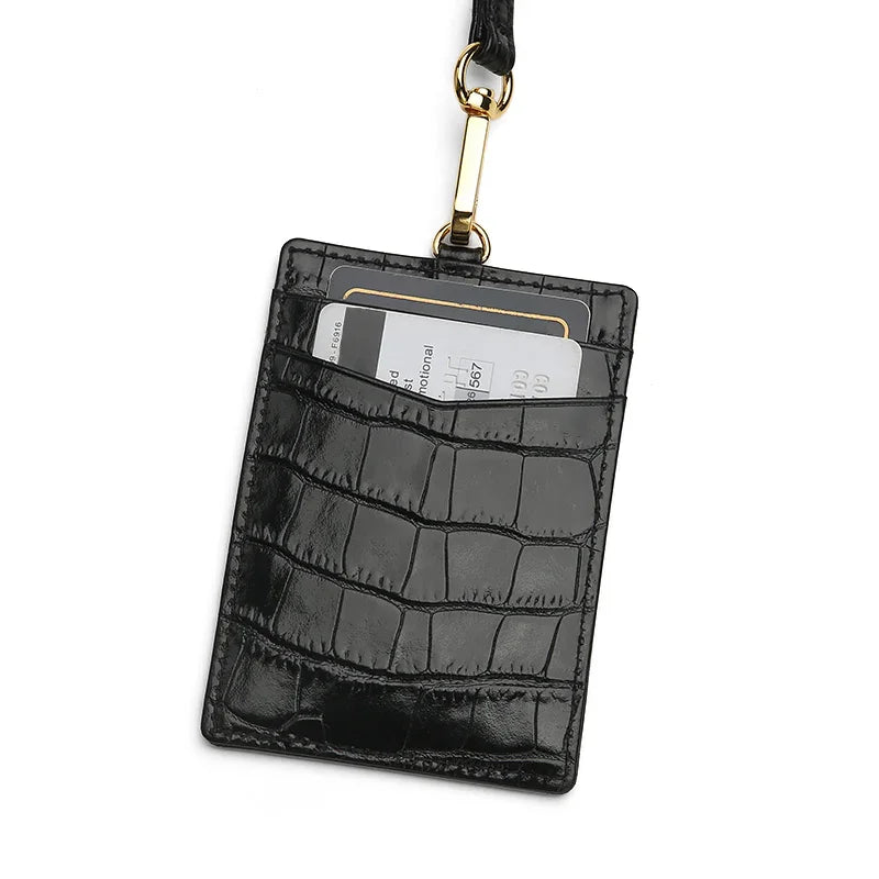 Glossy Black crocodile-patterned badge holder vertical with a lanyard on a white background