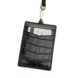 Glossy Black crocodile-patterned badge holder vertical with a lanyard on a white background