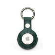 Green Leather Apple AirTag holder with silver ring on a white background