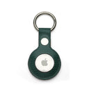 Green Leather Apple AirTag holder with silver ring on a white background