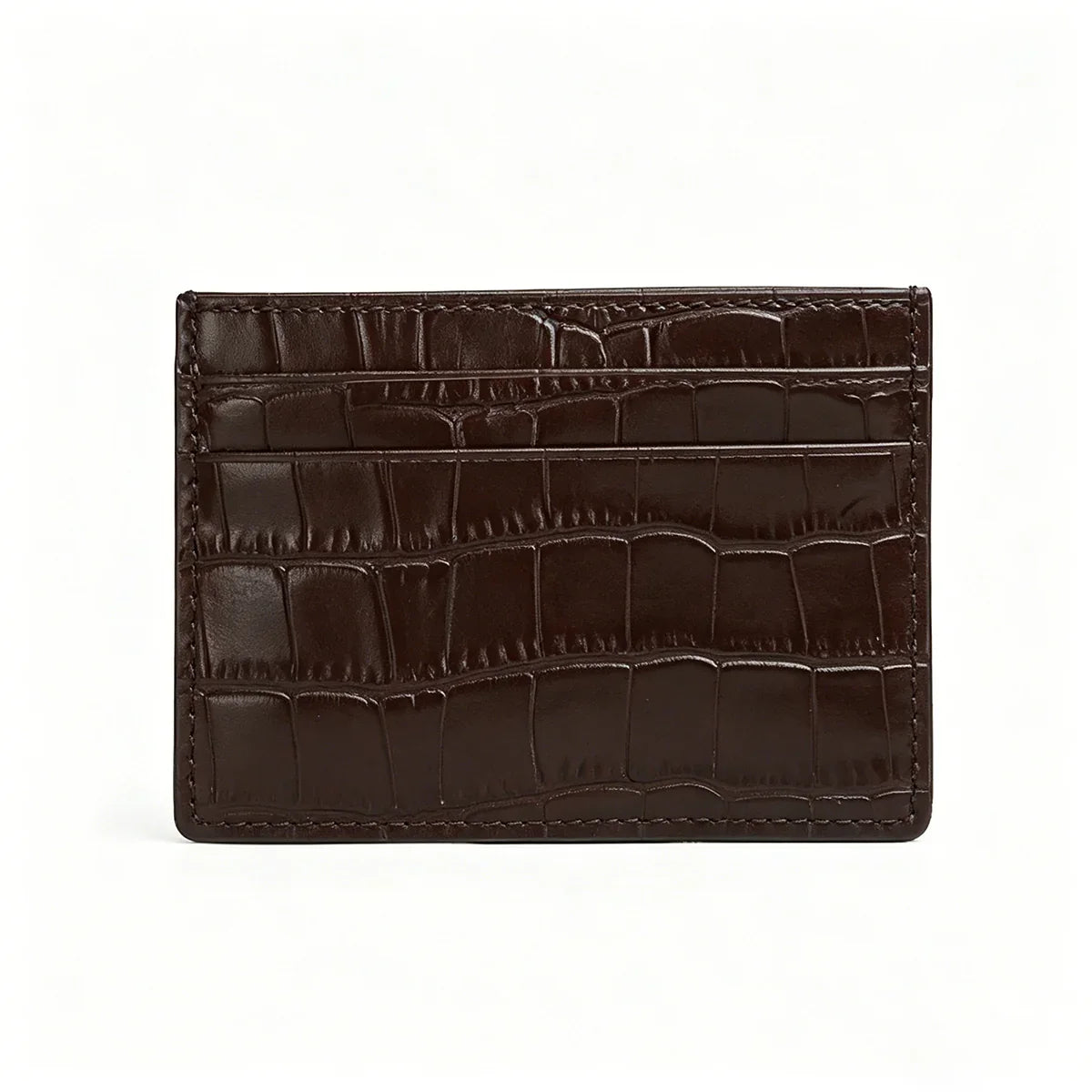 Coffee Brown leather cardholder with crocodile texture on a white background