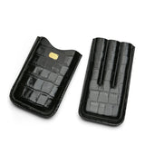 Black crocodile-textured leather cigar case with gold plaque, luxury travel accessory