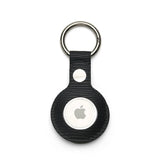 Black textured leather AirTag keychain with metal ring, sleek Apple tracker accessory for keys