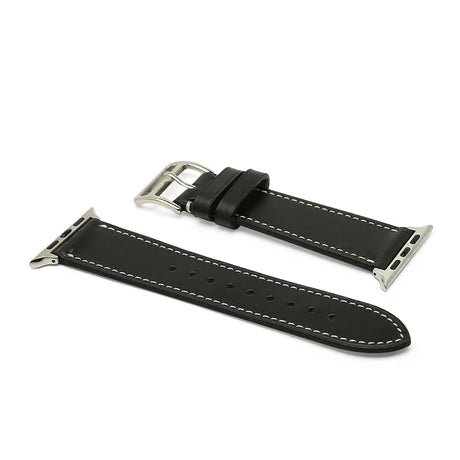Black leather watch strap with silver buckle on a white background