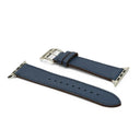 Blue France goat skin watch strap with silver buckle on a white background