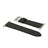 Black leather watch strap with silver buckle on a white background