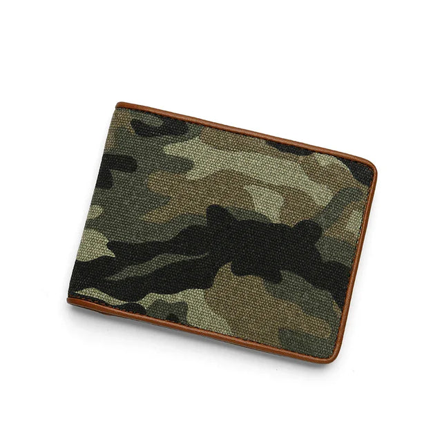 Camouflage canvas wallet with brown leather trim on a white background