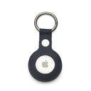 Navy blue leather airtag keychain with Apple logo on a white background