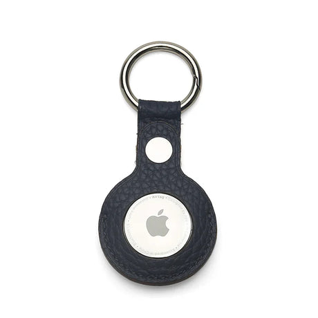 Navy blue leather airtag keychain with Apple logo on a white background