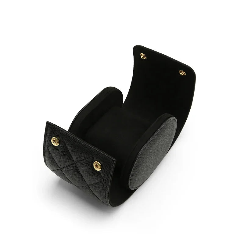 Handcrafted opened leather travel watch roll with internal suede pillow and gold snaps