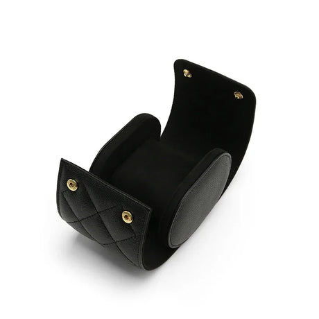 Handcrafted opened leather travel watch roll with internal suede pillow and gold snaps