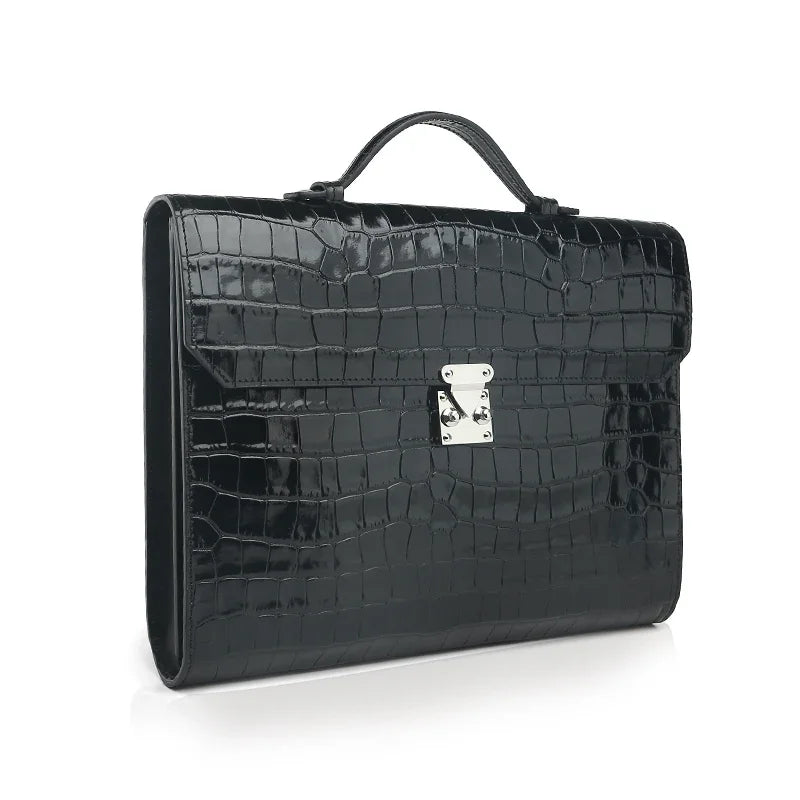 Black crocodile-patterned leather business folios with a silver clasp on a white background