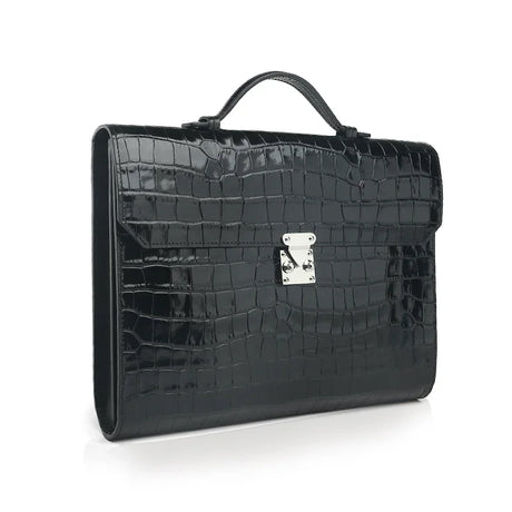 Black crocodile-patterned leather business folios with a silver clasp on a white background