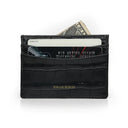 Black crocodile-patterned calfskin card holder with cards and money on a white background