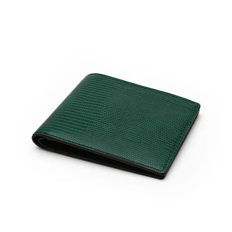 Green lizard pattern leather wallet on a white background