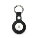 Black pebble leather airtag cover with Apple logo on a white background