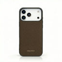 etoupe pebble leather iphone case with visible brand name on a white background
