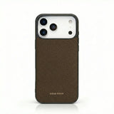 etoupe pebble leather iphone case with visible brand name on a white background