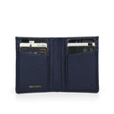 Navy leather slim wallet with card slots on a white background