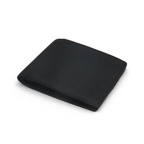 close-up of the edge for black saffiano leather wallet
